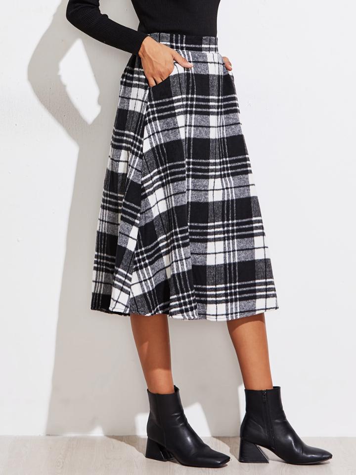 Romwe Checkered Tea Length Skirt