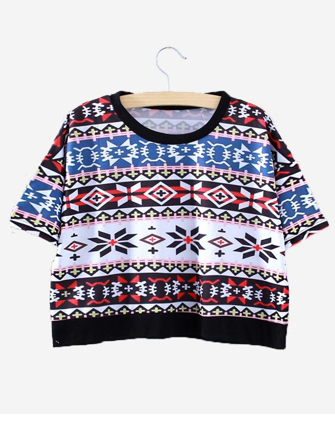 Romwe Multicolor Tribal Print Crop T-shirt
