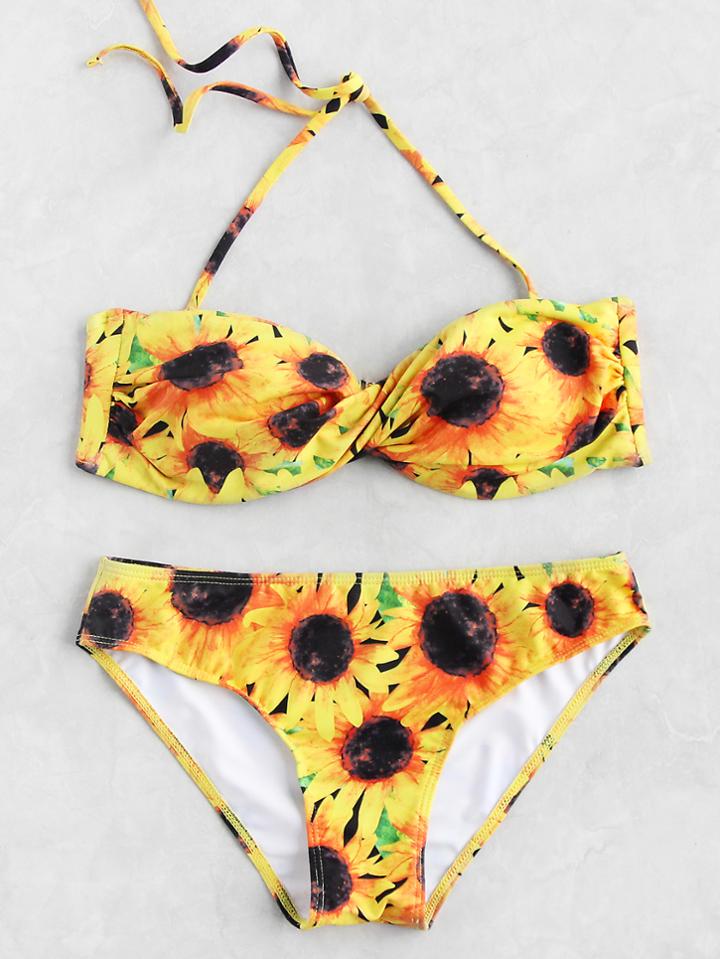 Romwe Sunflower Print Bandeau Bikini Set
