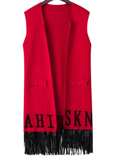 Romwe Letter Print Tassel Pockets Red Vest