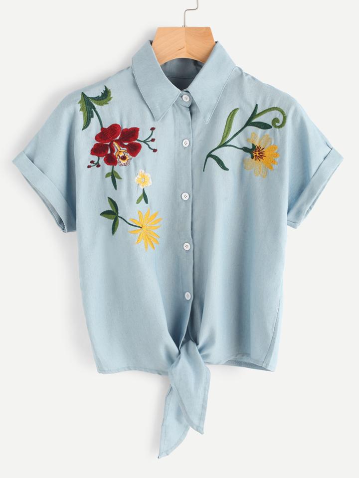 Romwe Tie Front Flower Embroidered Denim Shirt