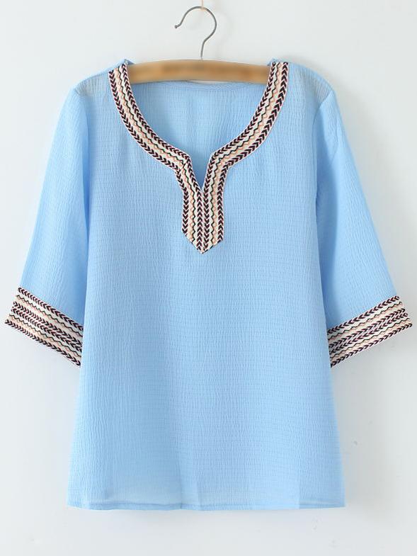 Romwe Blue Half Sleeve Stripe V Neck Chiffon Blouse