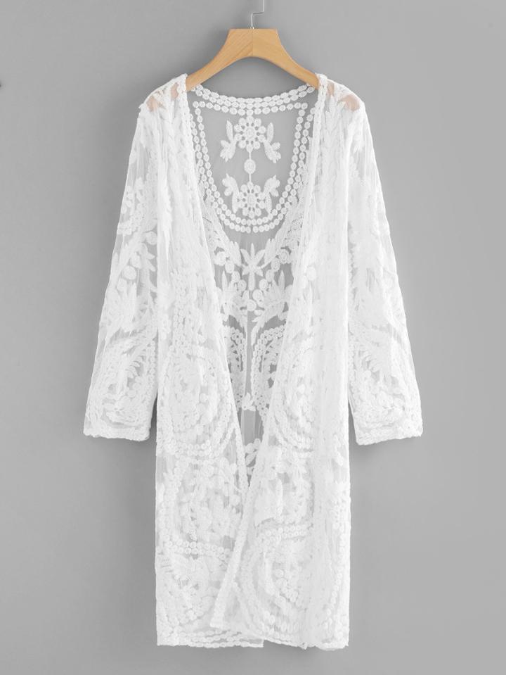 Romwe Lace Open Front Long Cardigan