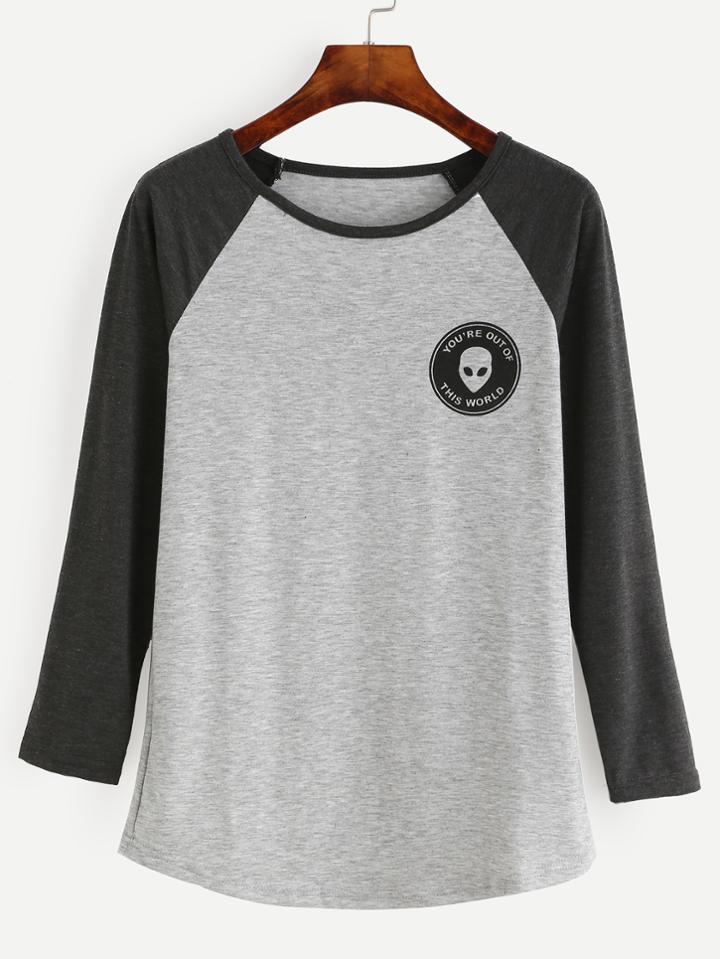 Romwe Grey Heathered Knit Contrast Raglan Sleeve T-shirt