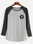 Romwe Grey Heathered Knit Contrast Raglan Sleeve T-shirt