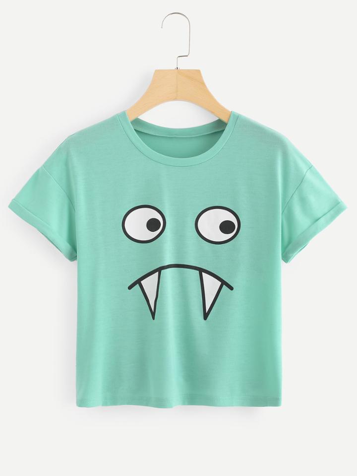 Romwe Face Print Cuffed Tee