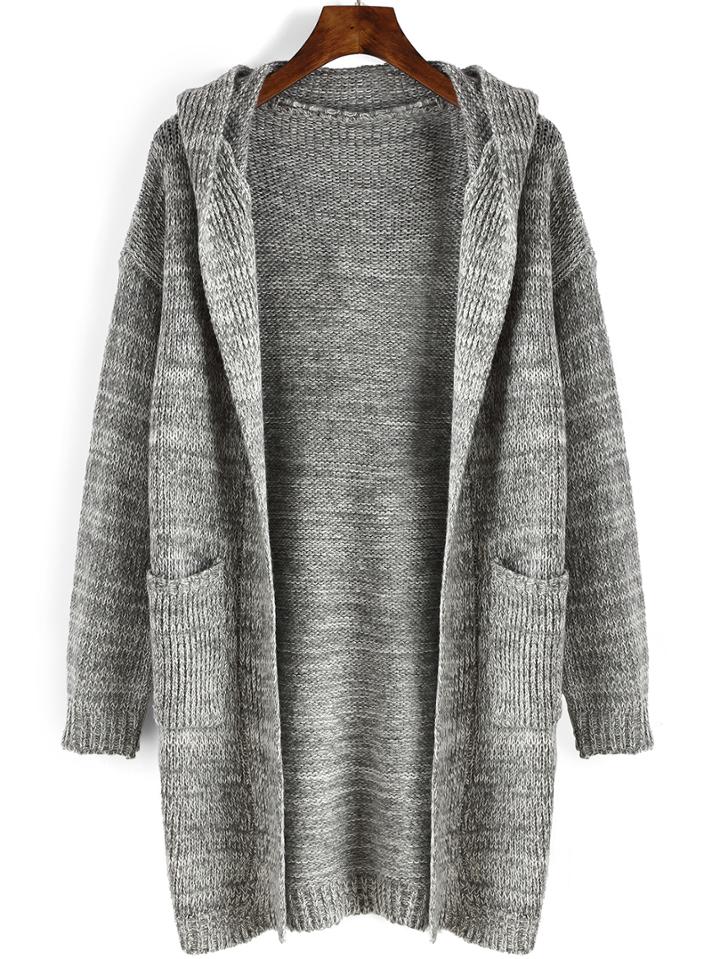 Romwe Women Hooded Pockets Long Grey Coat