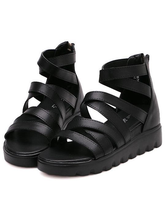 Romwe Black Cross Strap Casual Pu Sandals