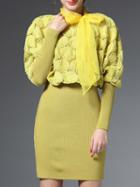 Romwe Yellow Round Neck Long Sleeve Tie-waist Knit Dress
