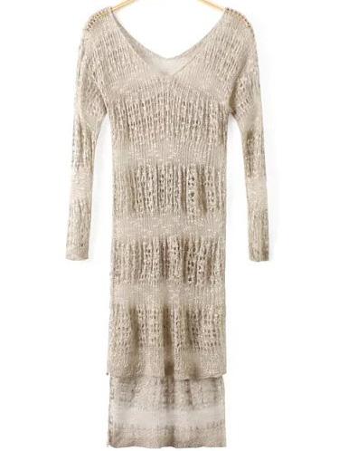 Romwe V Neck Hollow High Low Khaki Dress