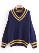 Romwe Varsity Striped V Neckline Sweater