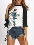 Romwe Geo Print 3/4 Raglan Sleeve T-shirt