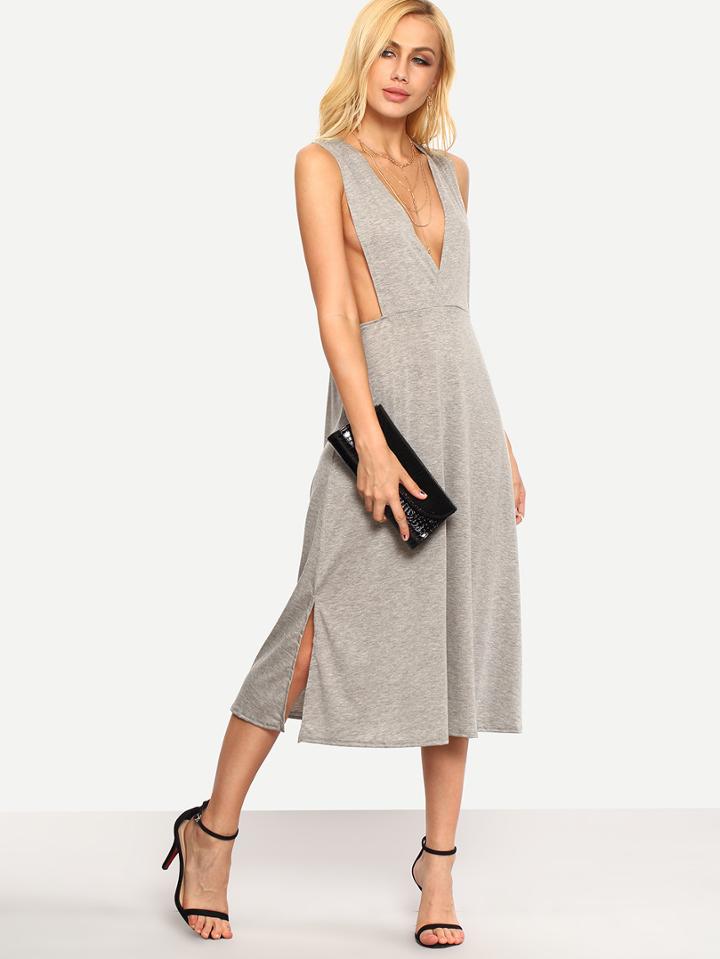 Romwe Grey Deep V Neck Split Side Dress