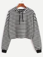 Romwe Black White Striped Drop Shoulder Drawstring Hooded Crop Sweatshirt