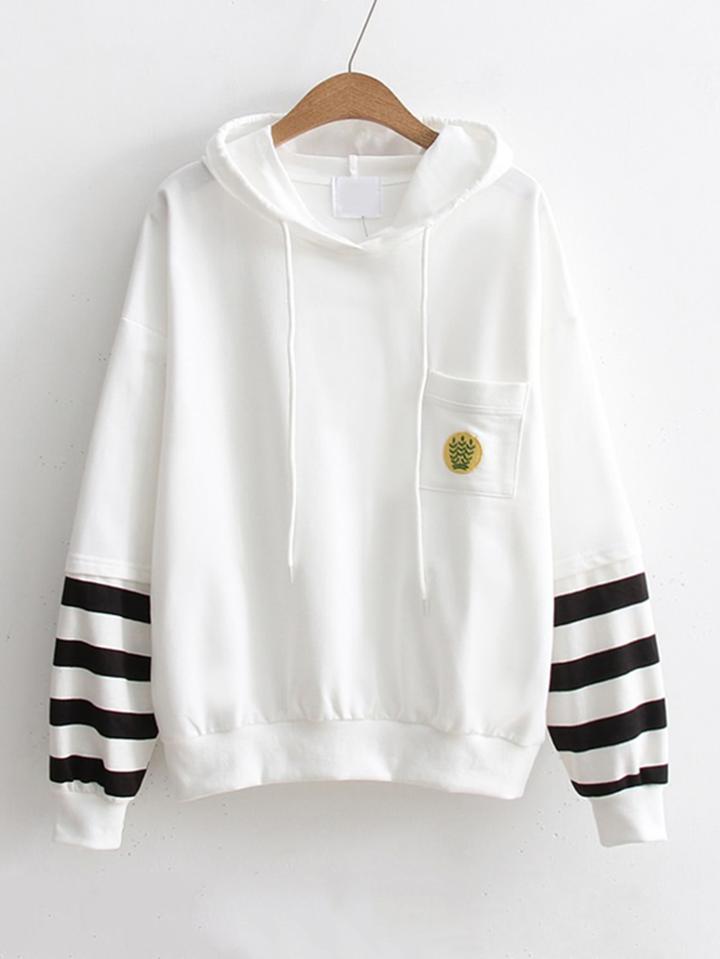 Romwe Striped Sleeve Front Pocket Hoodie