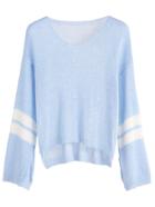 Romwe Light Blue Stripe Sleeve Drop Shoulder Dip Hem Sweater