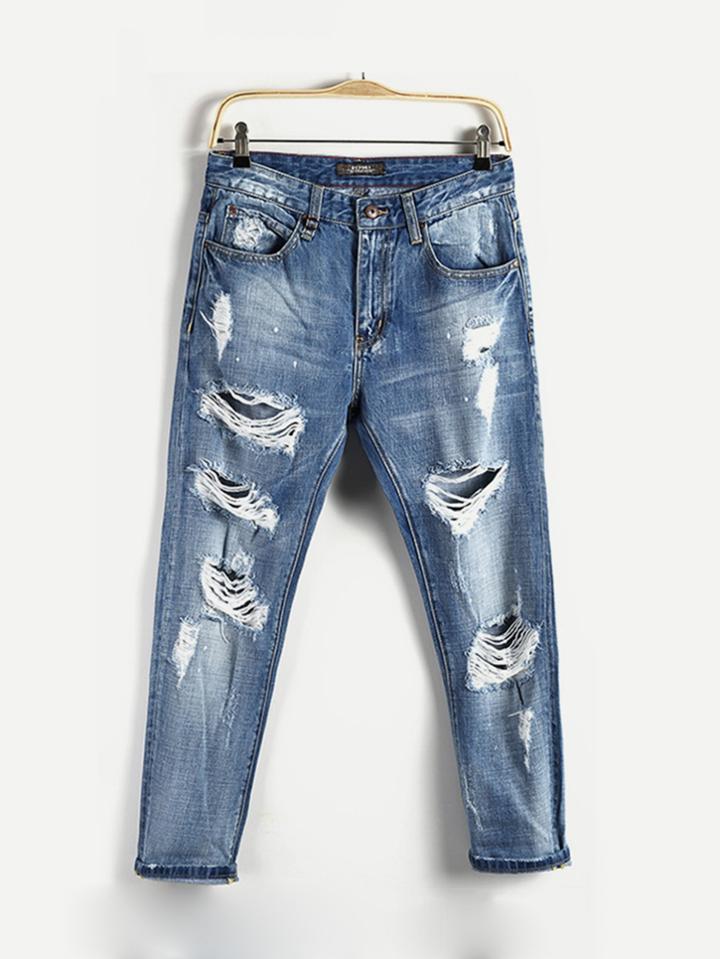 Romwe Men Distress Ripped Slim Jeans