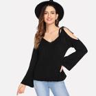 Romwe Cold Shoulder Knot Detail Solid Sweater