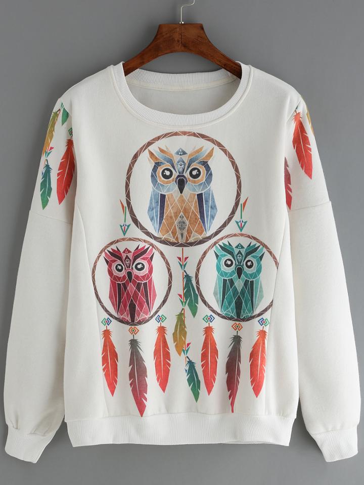 Romwe Owl Feather Print Sweatshirt