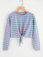 Romwe Contrast Striped Knot Front Crop Tee