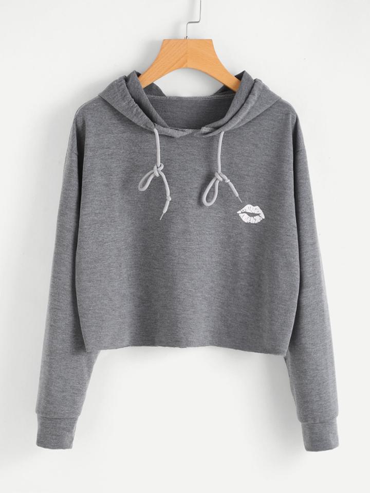Romwe Cute Print Raw Hem Marled Hooded Sweatshirt