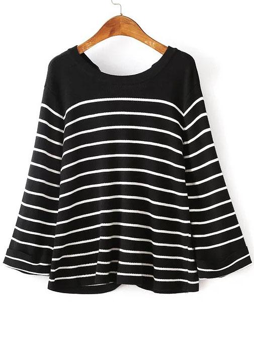 Romwe Black Eyelet Lace Up Back Striped Knitwear