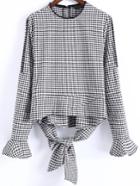 Romwe Black And White Plaid Slit Sleeve Blouse With Bow Tie