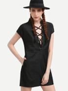 Romwe Eyelet Criss Cross Band Collar Black Denim Dress