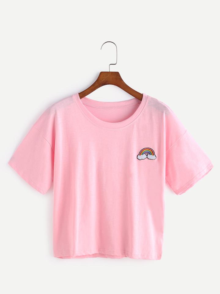 Romwe Rainbow Embroidered T-shirt