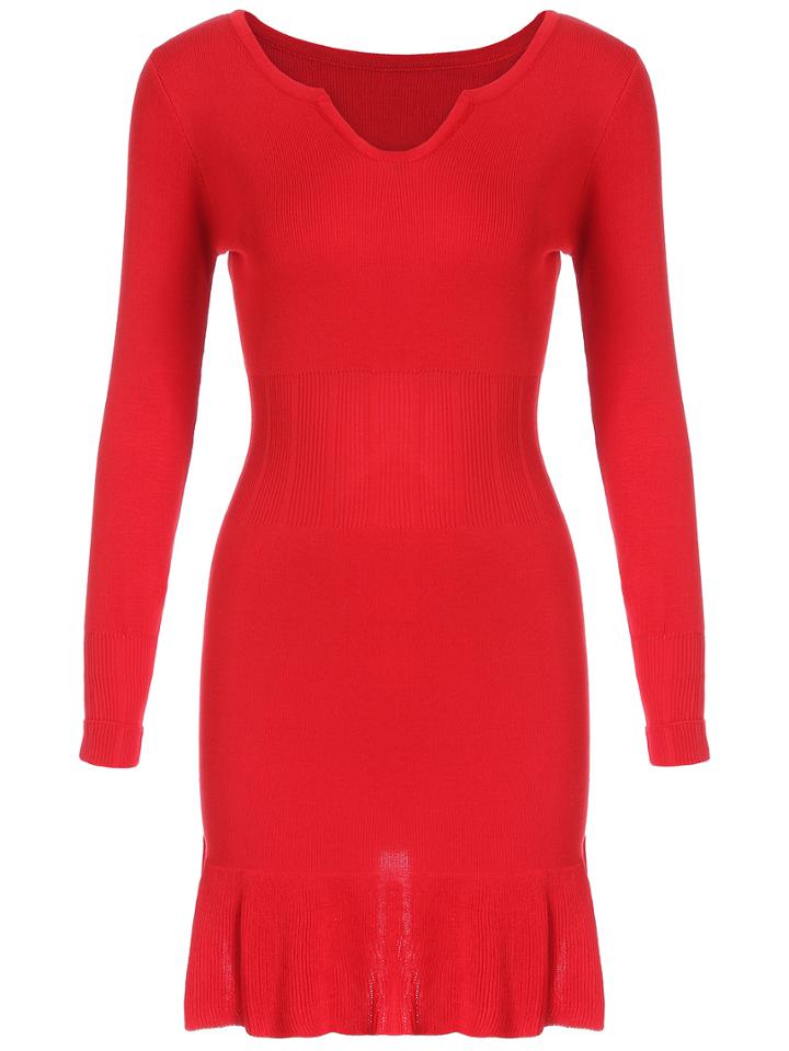 Romwe V Neck  Ruffle Hem Red Sweater Dress