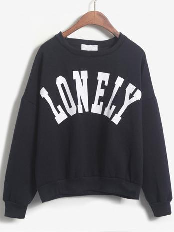 Romwe Lonely Print Crop Navy Sweatshirt