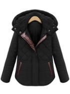 Romwe Hooded Zipper Diamondback Black Coat