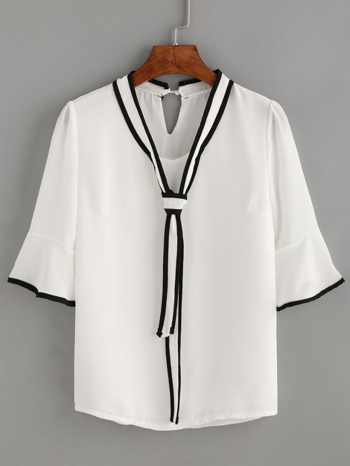 Romwe White Contrast Trim Keyhole Tie Sailor Blouse