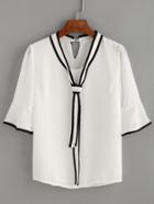 Romwe White Contrast Trim Keyhole Tie Sailor Blouse