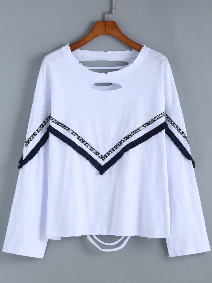Romwe Long Sleeve Tribal Print Ripped T-shirt