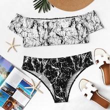 Romwe Plus Off The Shoulder Marble Print Bikini Set