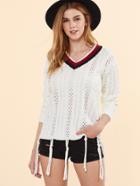 Romwe White Striped V Neck Eyelet Sweater With Knotted String