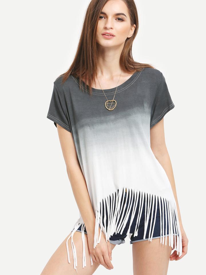 Romwe Black Ombre Fringe T-shirt