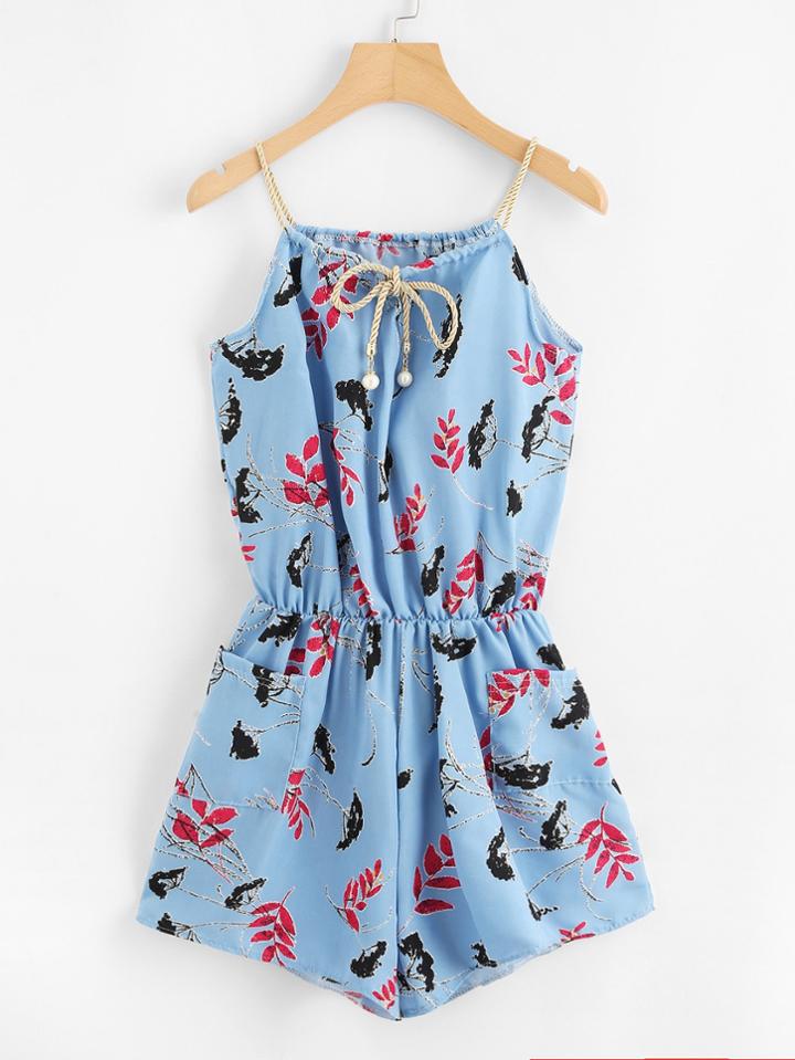 Romwe Floral Print Self Tie Neck Cami Romper