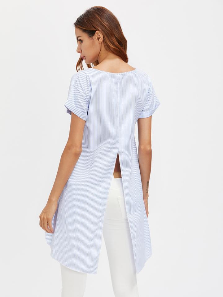 Romwe Slit Back Dip Hem Blouse