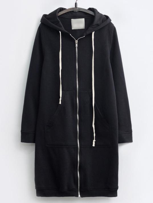 Romwe Hooded Drawstring Zipper Sweatshirt