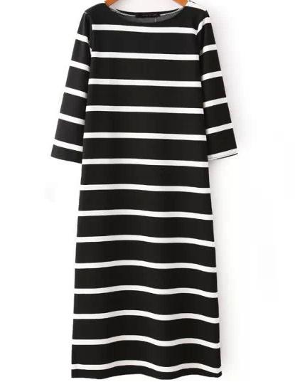 Romwe Black And White Stripe Long Dress