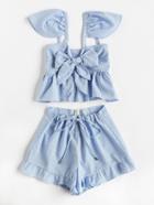 Romwe Gingham Bow Tie Peplum Cami Top With Shorts