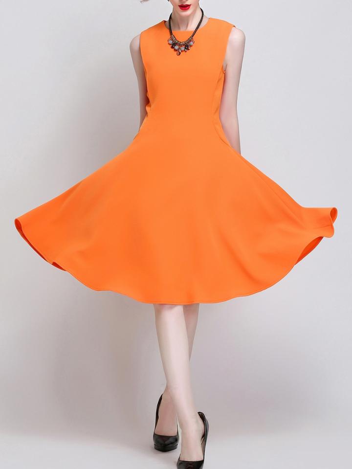 Romwe Sleeveless Zipper Flare Orange Dress