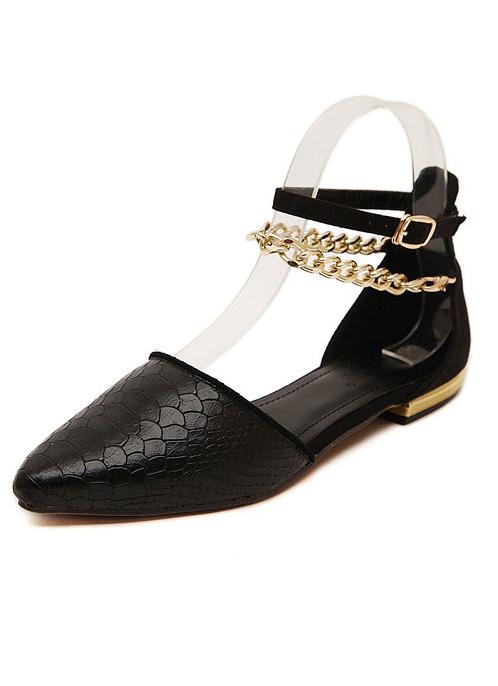 Romwe Black Chain Strap Snakeskin Flats