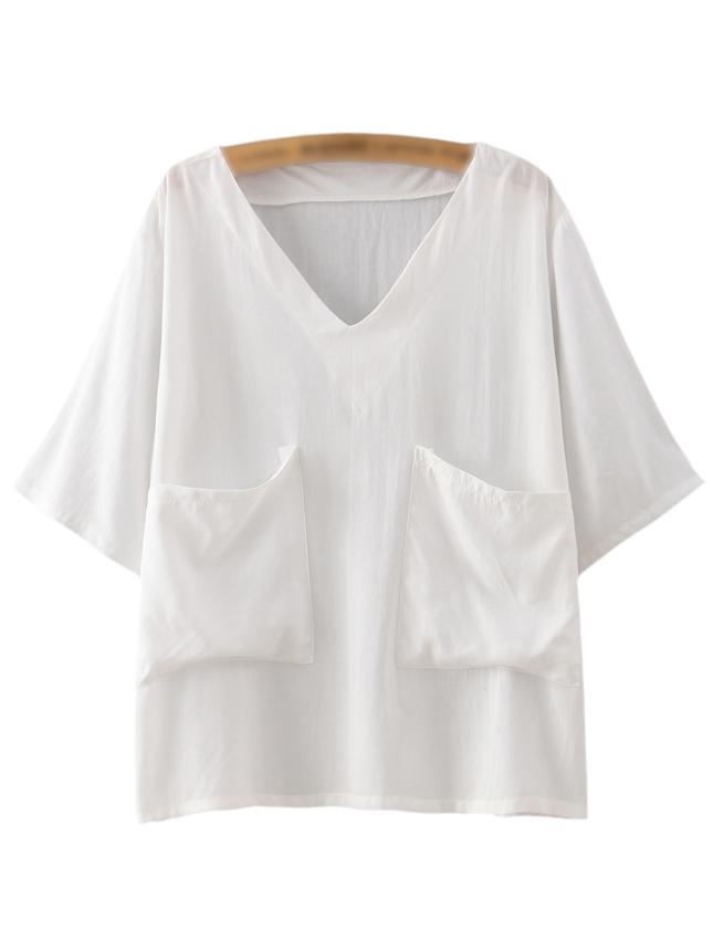 Romwe White Short Sleeve V Neck Large Pockets Blouse