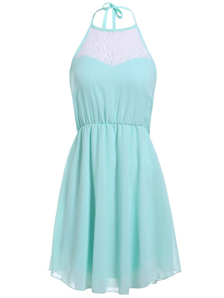 Romwe Halter Contrast Lace Backless Chiffon Dress