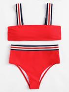 Romwe Striped Straps High Leg Bikini Set