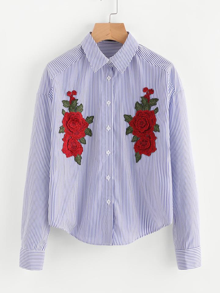 Romwe Symmetric Embroidery Patch Curve Hem Shirt