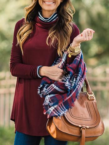 Romwe Burgundy Mock Neck Loose T-shirt